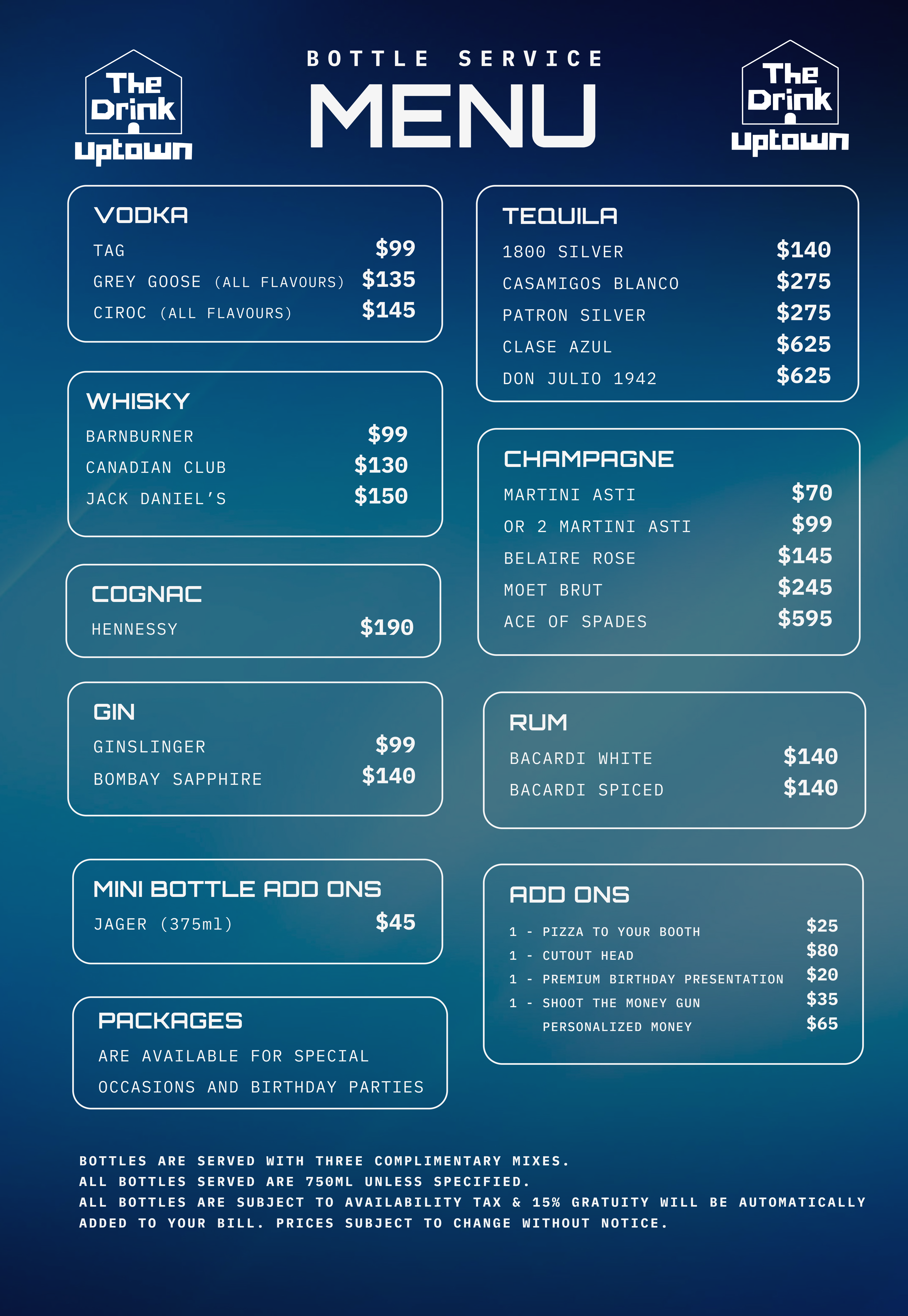 THE DRINK BOTTLE SERVICE MENU